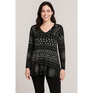 LuluRoe  Hi-Lo Tunic Top Black w/White Floral Design Long Sleeve Size Small